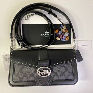 NWT COACH George Shoulder Bag C Signature Rivets Black Leather: Snap Purse #5605